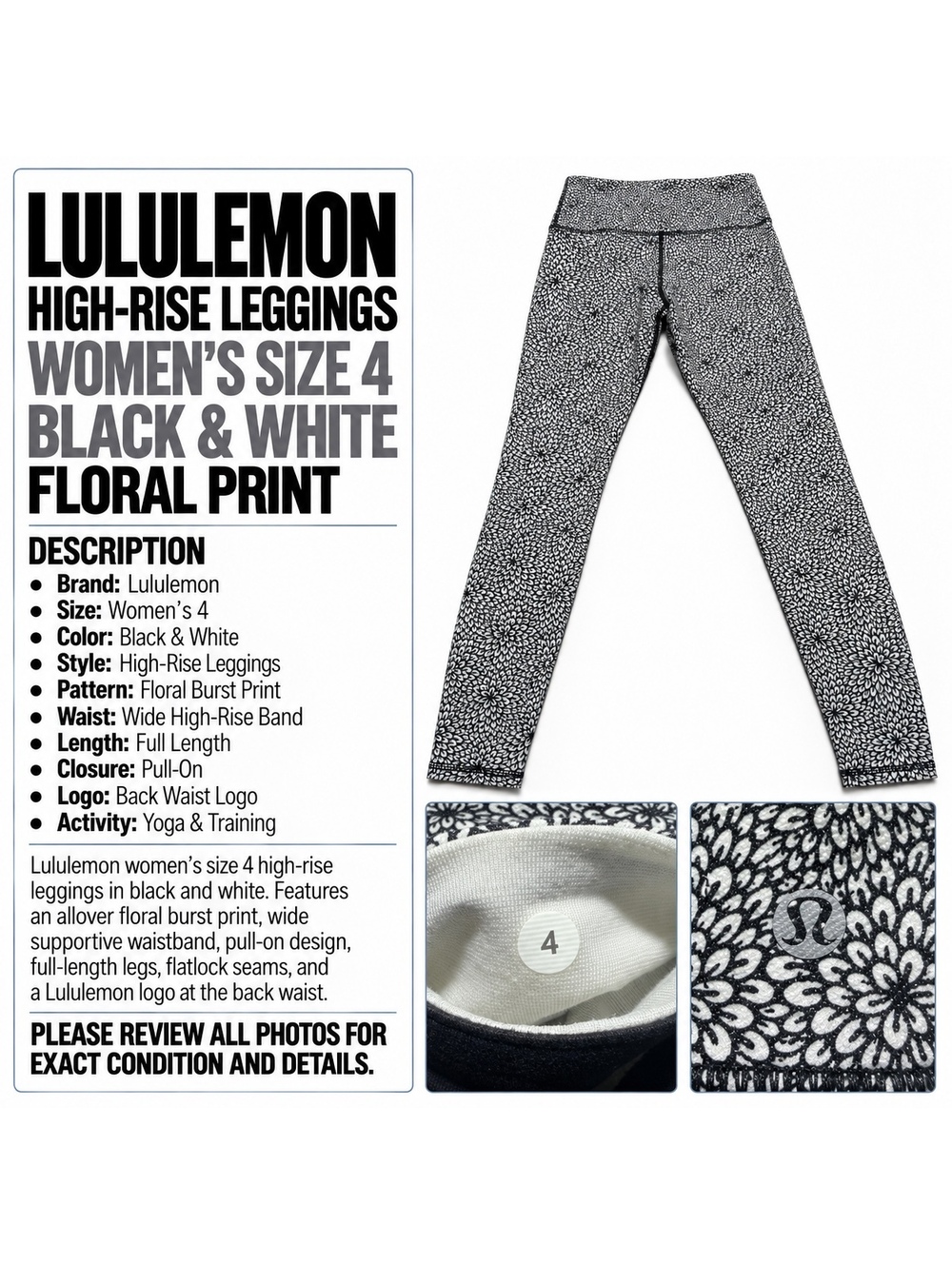 Lululemon Women's Size 4 Black and White Floral Leggings